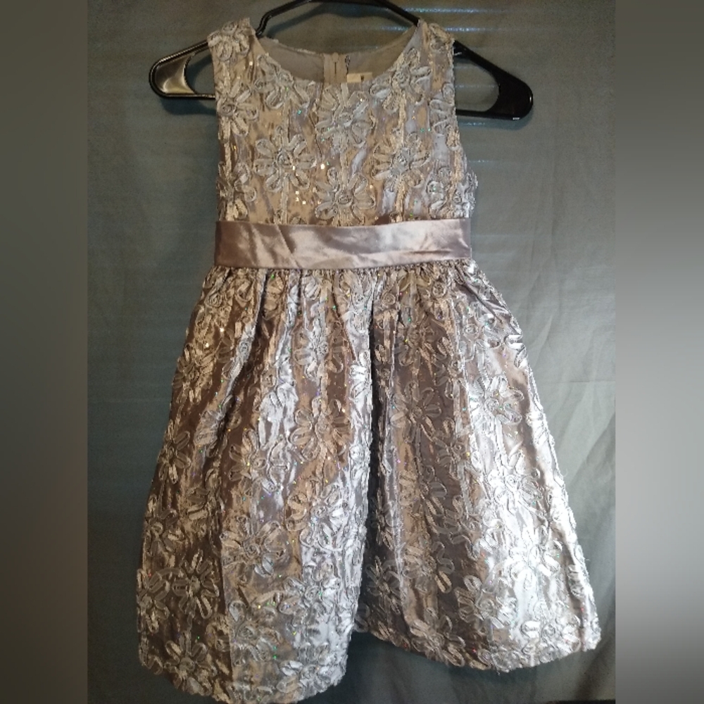 Elegant Rare Edition Silver Floral Sequin Kids Dress